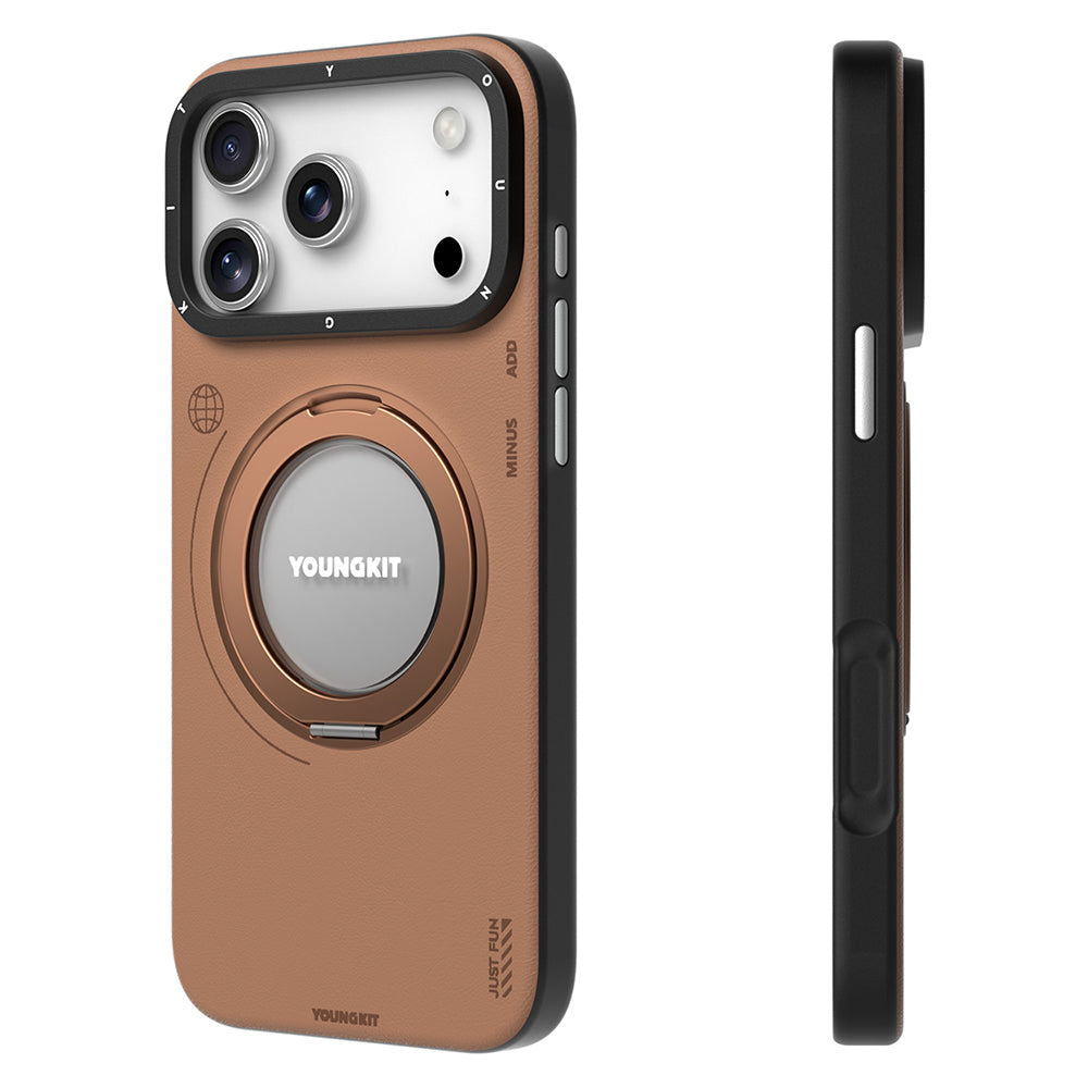 iPhone 17 Pro Max Kılıf M-safe Şarj Özellikli 360 Derece Standlı Basit Mat Deri Desenli Youngkit Tech Leather Serisi Kılıf