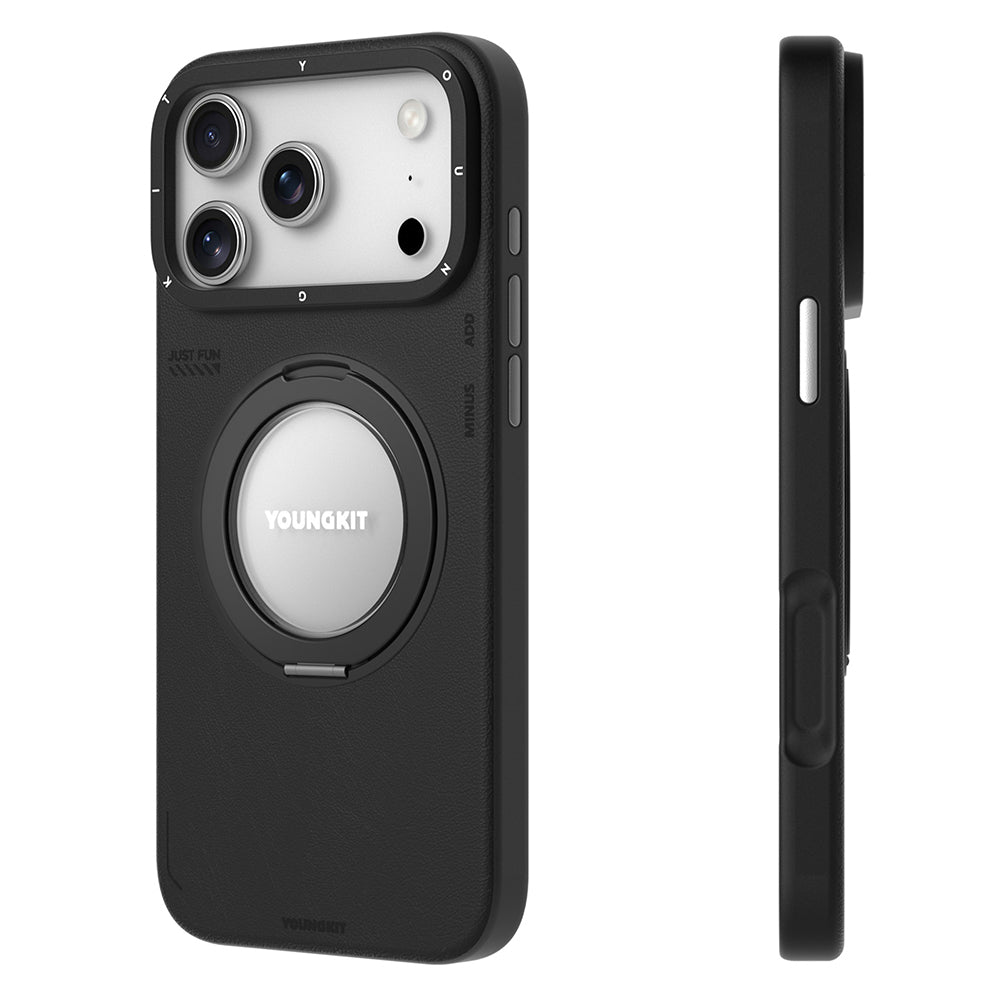 iPhone 17 Pro Max Kılıf M-safe Şarj Özellikli 360 Derece Standlı Basit Mat Deri Desenli Youngkit Tech Leather Serisi Kılıf