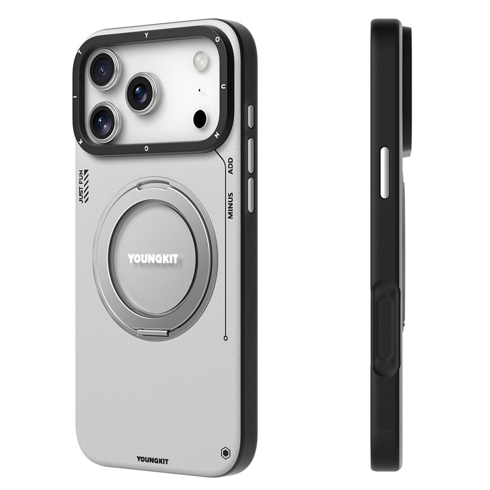 iPhone 17 Pro Max Kılıf M-safe Şarj Özellikli 360 Derece Standlı Basit Mat Deri Desenli Youngkit Tech Leather Serisi Kılıf