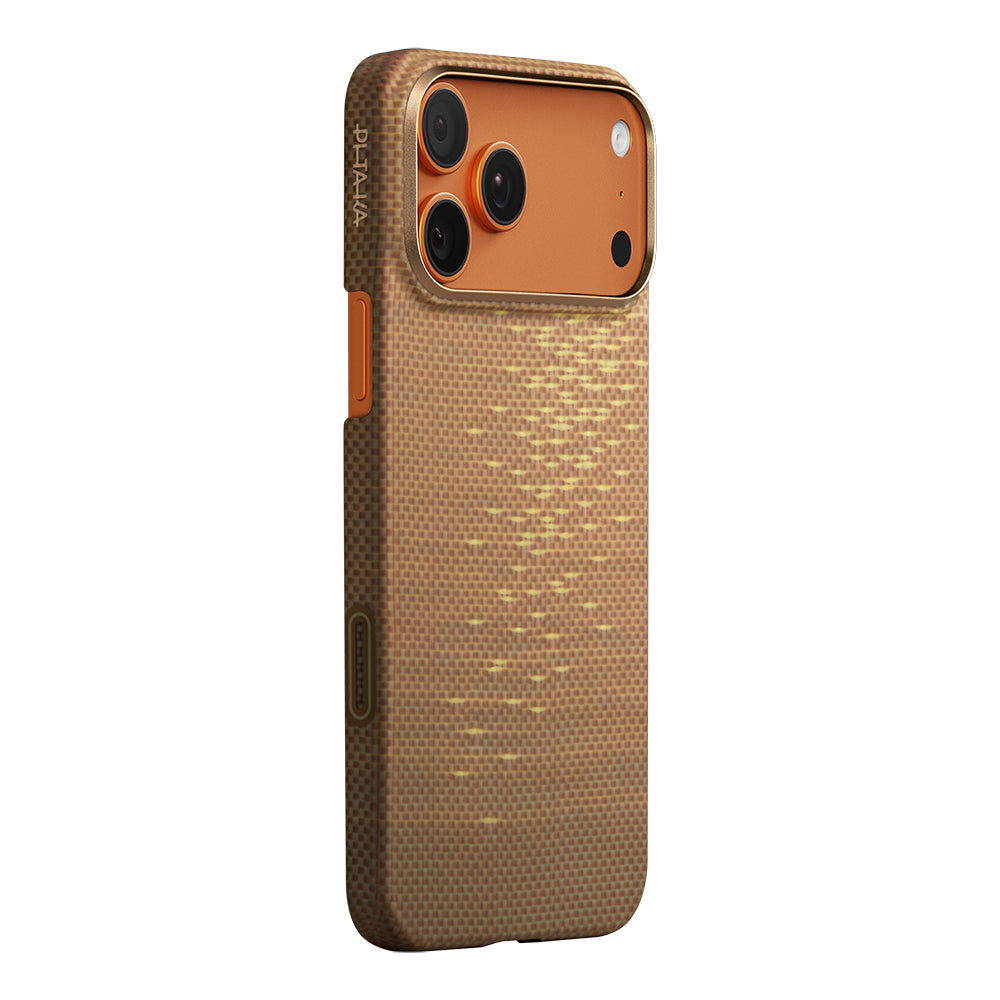 iPhone 17 Pro Max Kılıf M-safe Şarj Özellikli Aramid Karbon Fiber Pitaka Glints of Gold Ultra Slim Serisi Kılıf