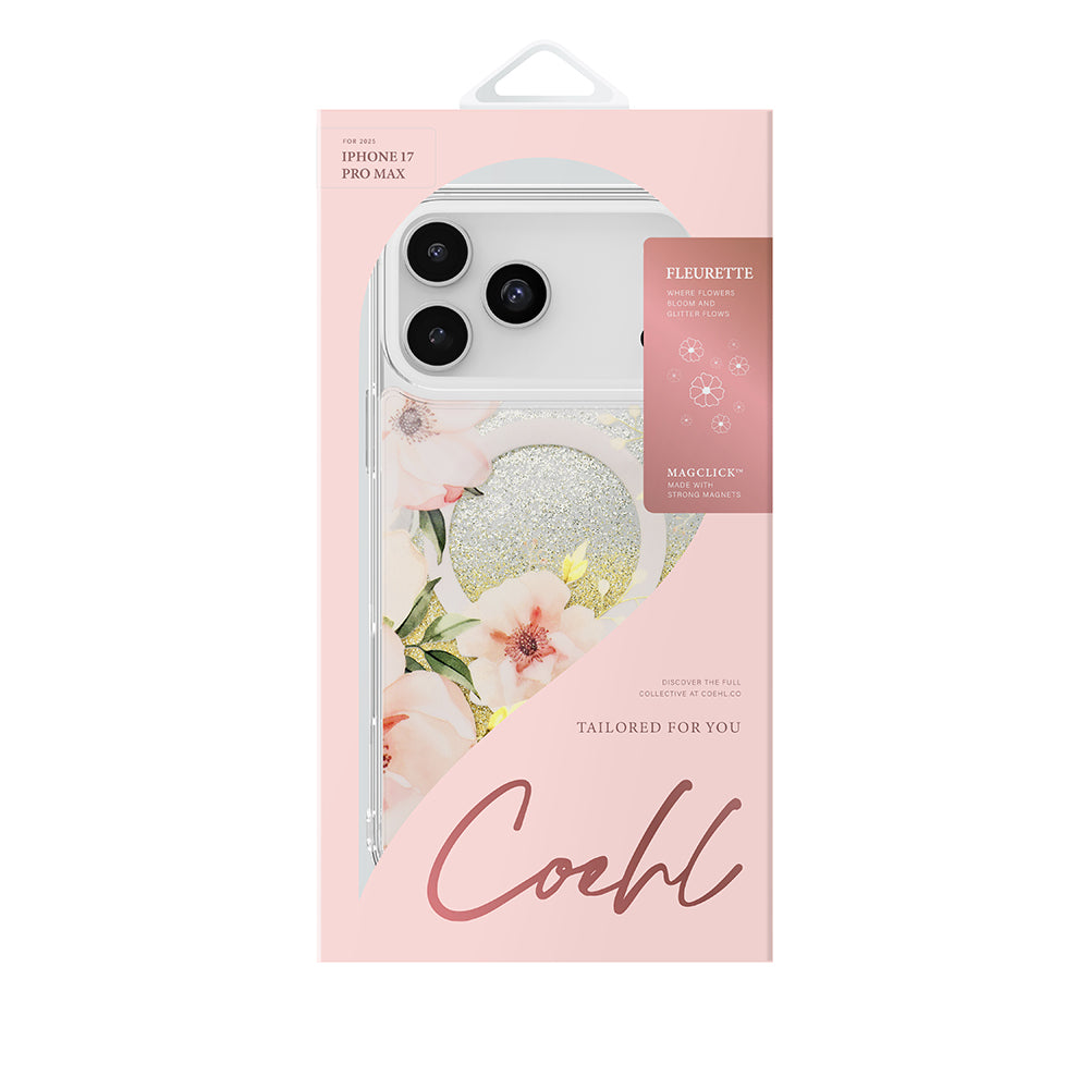 iPhone 17 Pro Max Kılıf M-safe Şarj Özellikli Çiçek Desenli Simli Arka Yüzey Coehl Fleurette Kılıf