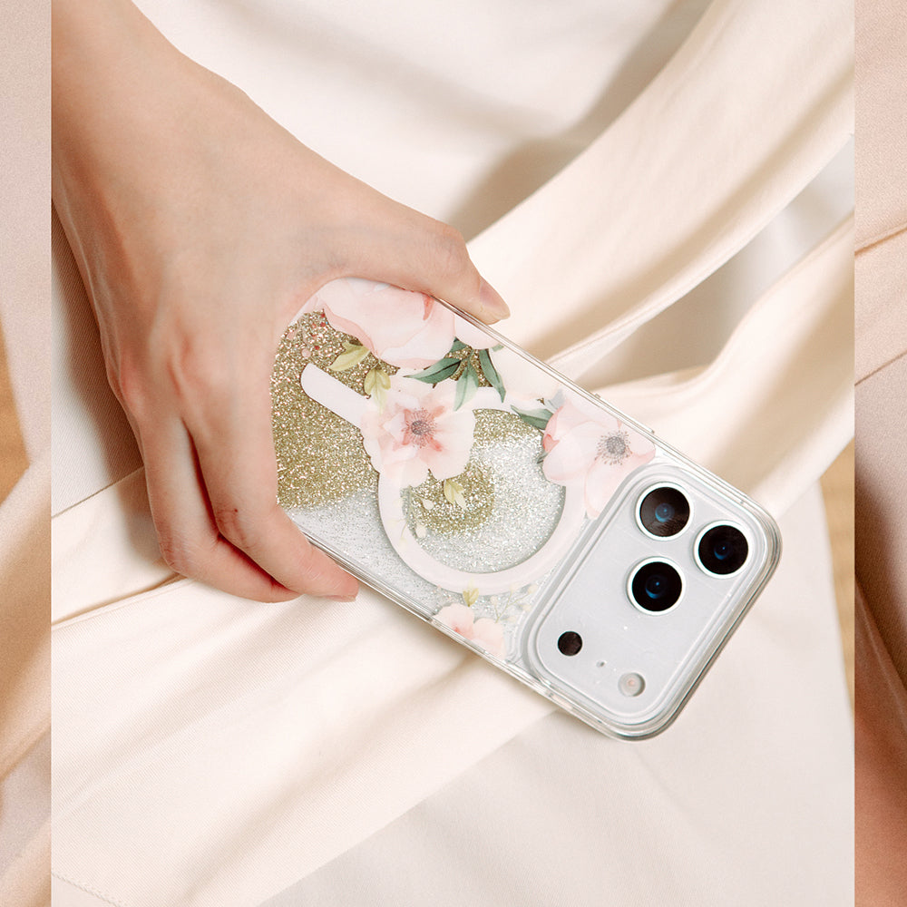 iPhone 17 Pro Max Kılıf M-safe Şarj Özellikli Çiçek Desenli Simli Arka Yüzey Coehl Fleurette Kılıf