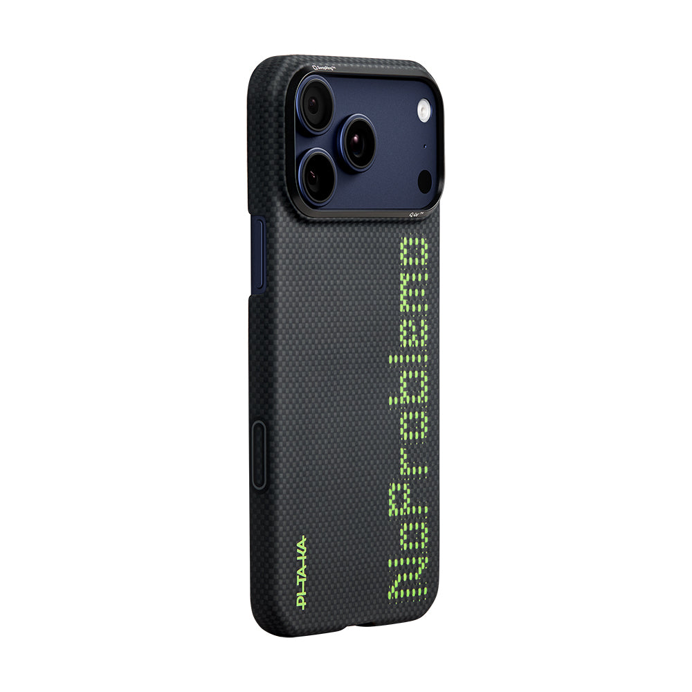 iPhone 17 Pro Max Kılıf M-safe Şarj Özellikli Lumintex Teknolojili Fosforlu Aramid Karbon Fiber Pitaka Tactile Woven Aries Serisi Kılıf
