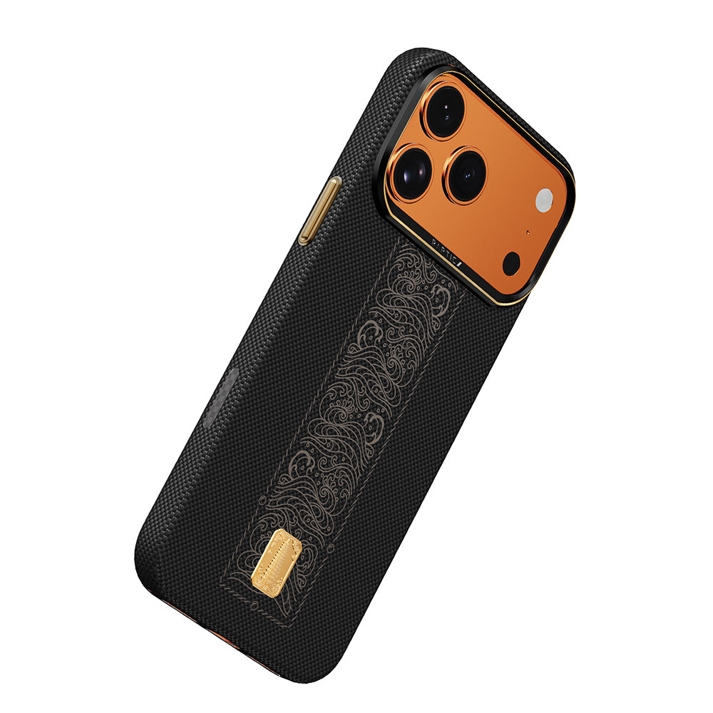 iPhone 17 Pro Max Kılıf M-safe Şarj Özellikli Raptic Aramid Skin Rise Serisi 24 Ayar Altın Kaplamalı Karbon Kılıf