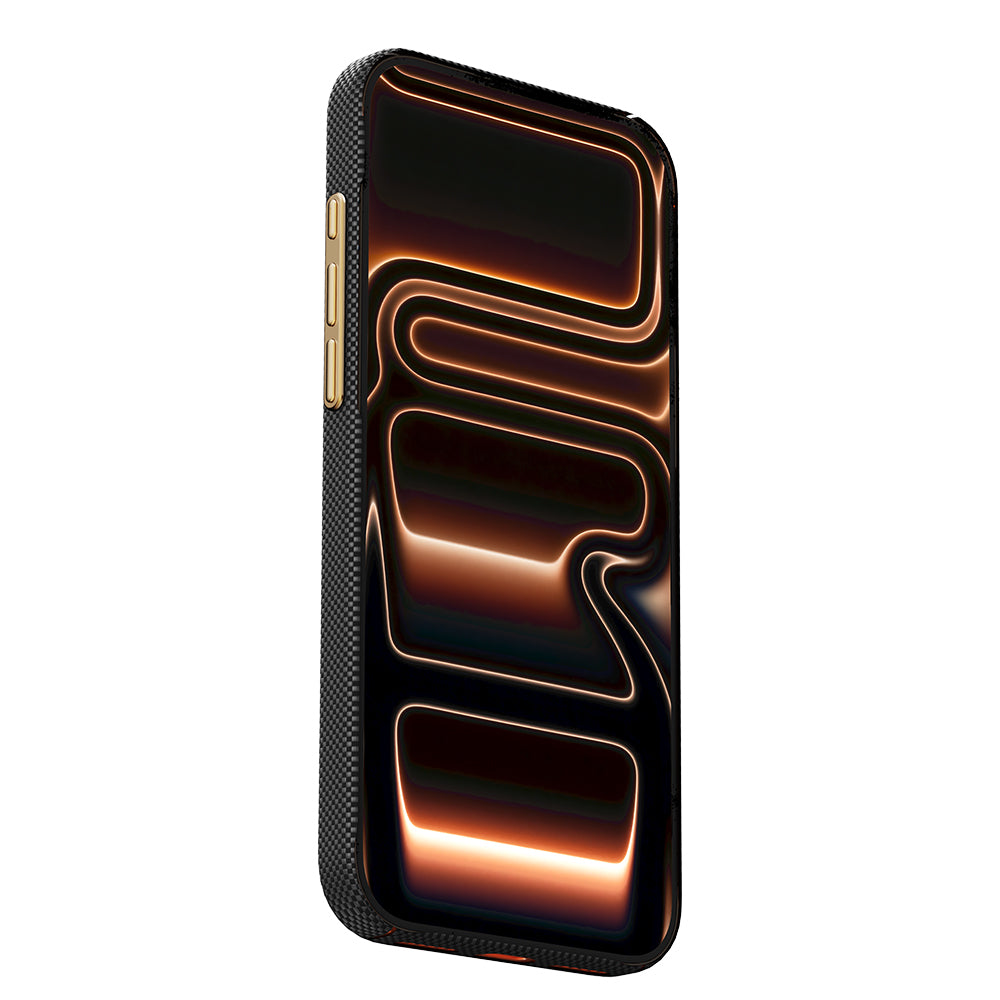 iPhone 17 Pro Max Kılıf M-safe Şarj Özellikli Raptic Aramid Skin Rise Serisi 24 Ayar Altın Kaplamalı Karbon Kılıf