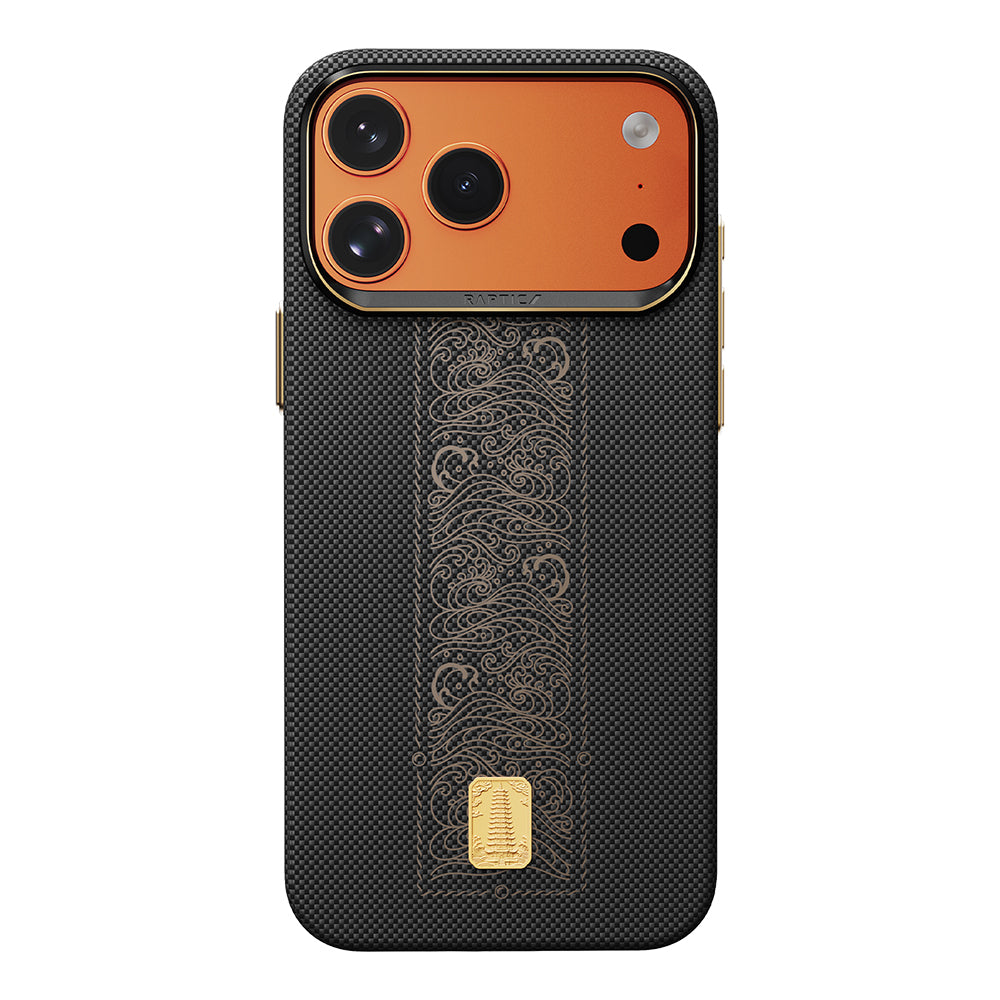iPhone 17 Pro Max Kılıf M-safe Şarj Özellikli Raptic Aramid Skin Rise Serisi 24 Ayar Altın Kaplamalı Karbon Kılıf