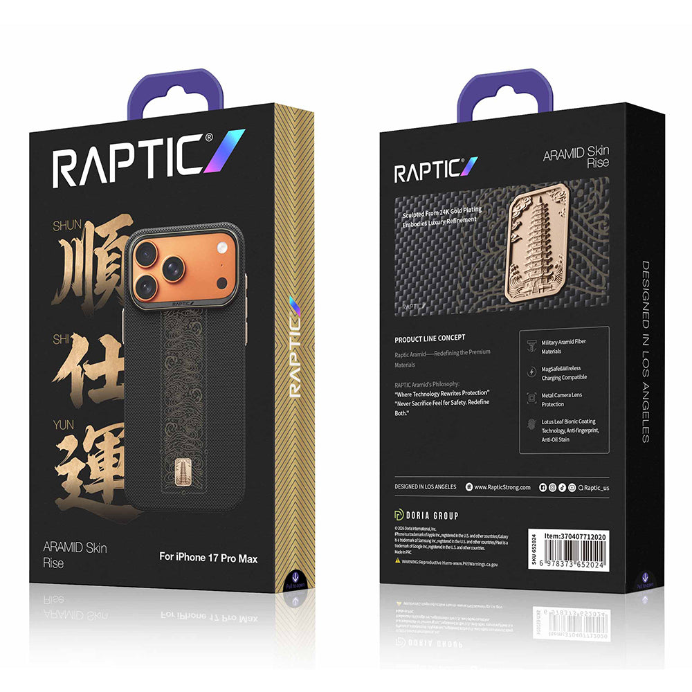 iPhone 17 Pro Max Kılıf M-safe Şarj Özellikli Raptic Aramid Skin Rise Serisi 24 Ayar Altın Kaplamalı Karbon Kılıf