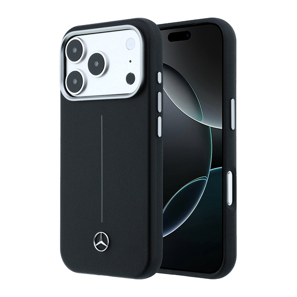 iPhone 17 Pro Max Kılıf Mercedes Benz Orijinal Lisanslı M-safe Şarj Özellikli Metal Yıldız Logolu Çizgili Deri Kılıf