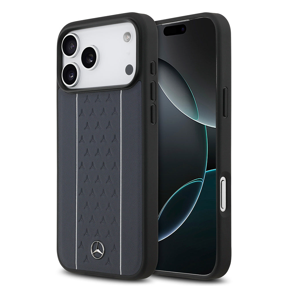 iPhone 17 Pro Max Kılıf Mercedes Benz Orijinal Lisanslı M-safe Şarj Özellikli Şeritli Yıldız Desenli Metal Logolu Deri Kılıf