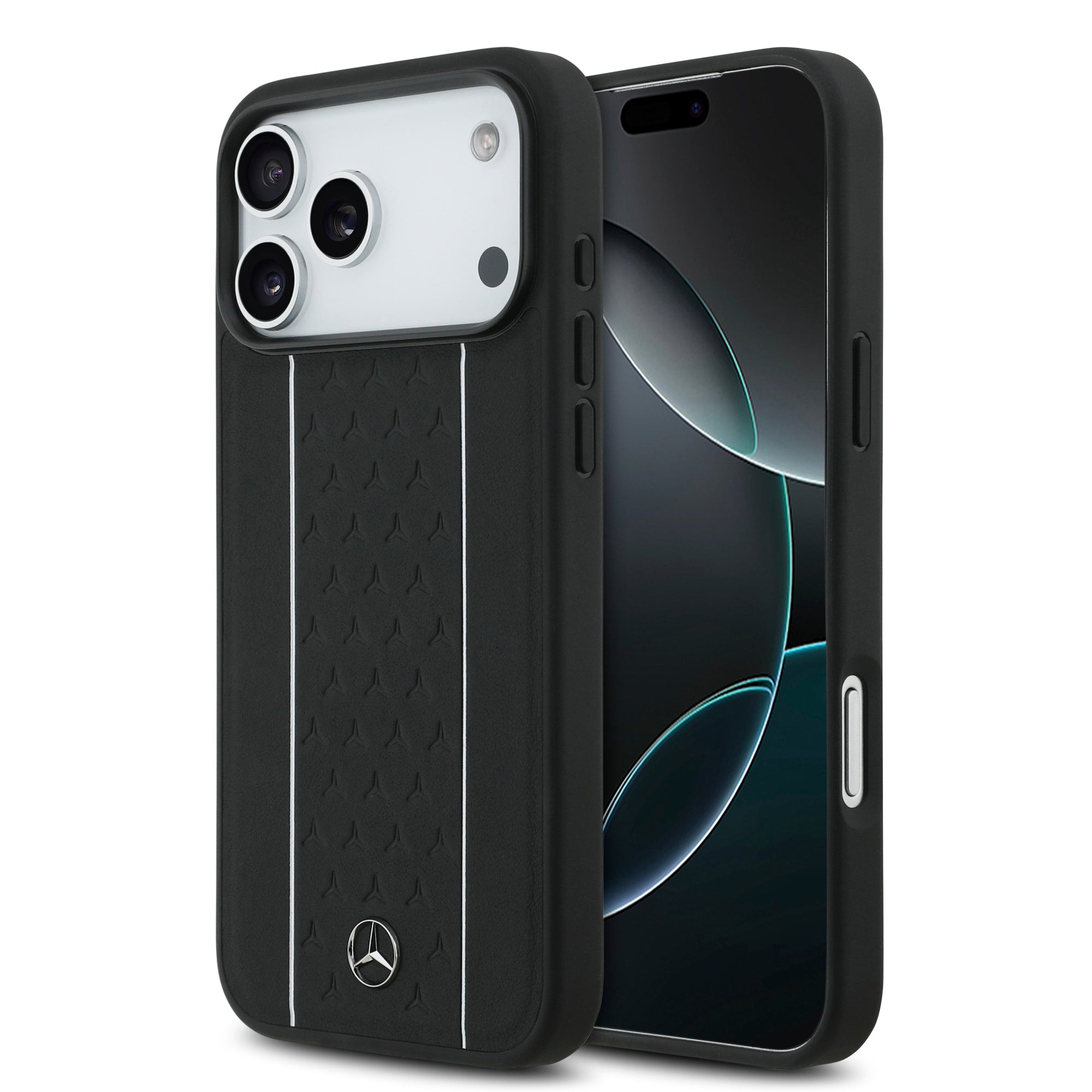 iPhone 17 Pro Max Kılıf Mercedes Benz Orijinal Lisanslı M-safe Şarj Özellikli Şeritli Yıldız Desenli Metal Logolu Deri Kılıf