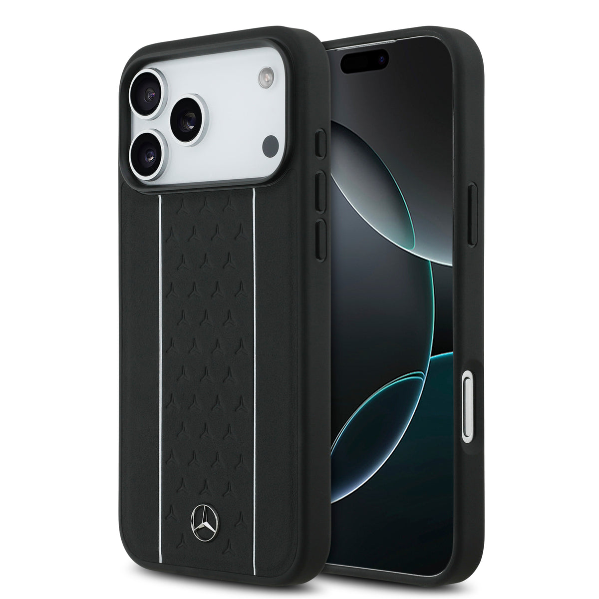 iPhone 17 Pro Max Kılıf Mercedes Benz Orijinal Lisanslı M-safe Şarj Özellikli Şeritli Yıldız Desenli Metal Logolu Deri Kılıf