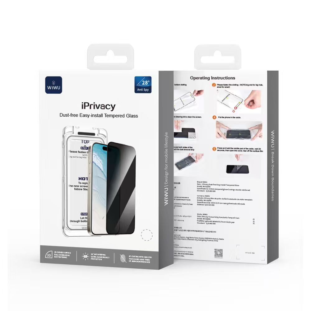 iPhone 17 Pro Max Wiwu Wi-SQ009 Easy Install iPrivacy 360° Anti-Peep Oleofobik Temperli Cam Ekran Koruyucu + Kolay Uygulama Aparatlı