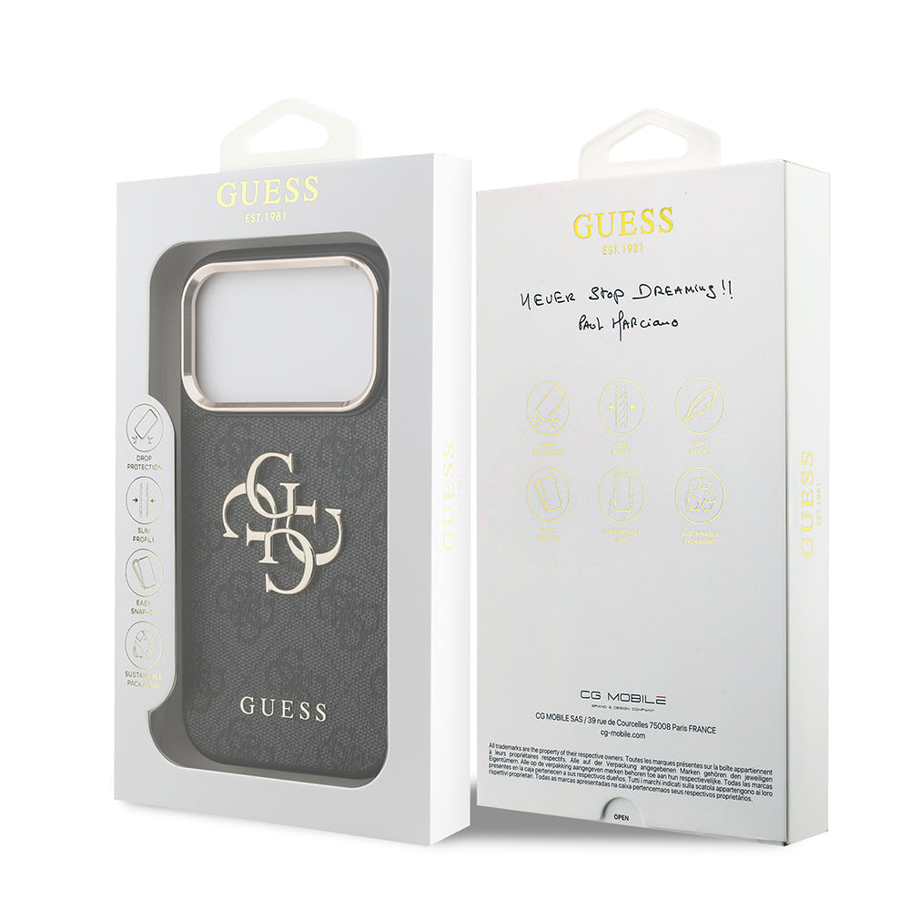 iPhone 18 Pro Kılıf Guess Orijinal Lisanslı Gold Metal Kamera Çerçeveli 4G Desenli Metal Büyük 4G ve Yazı Logolu Kılıf