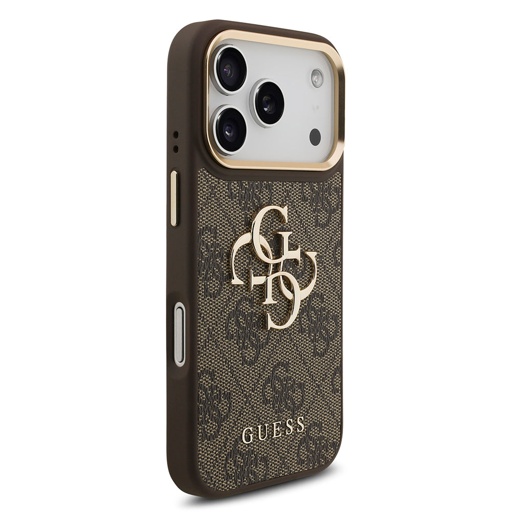 iPhone 18 Pro Kılıf Guess Orijinal Lisanslı Gold Metal Kamera Çerçeveli 4G Desenli Metal Büyük 4G ve Yazı Logolu Kılıf