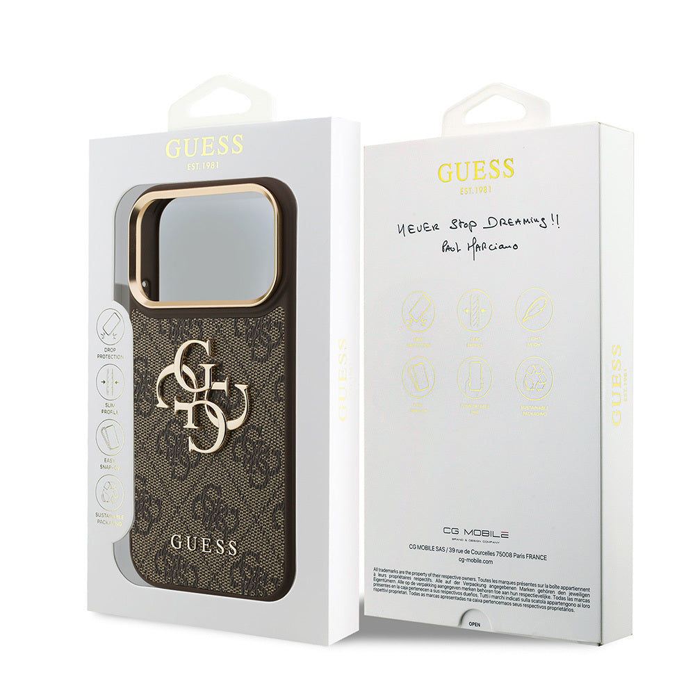iPhone 18 Pro Kılıf Guess Orijinal Lisanslı Gold Metal Kamera Çerçeveli 4G Desenli Metal Büyük 4G ve Yazı Logolu Kılıf