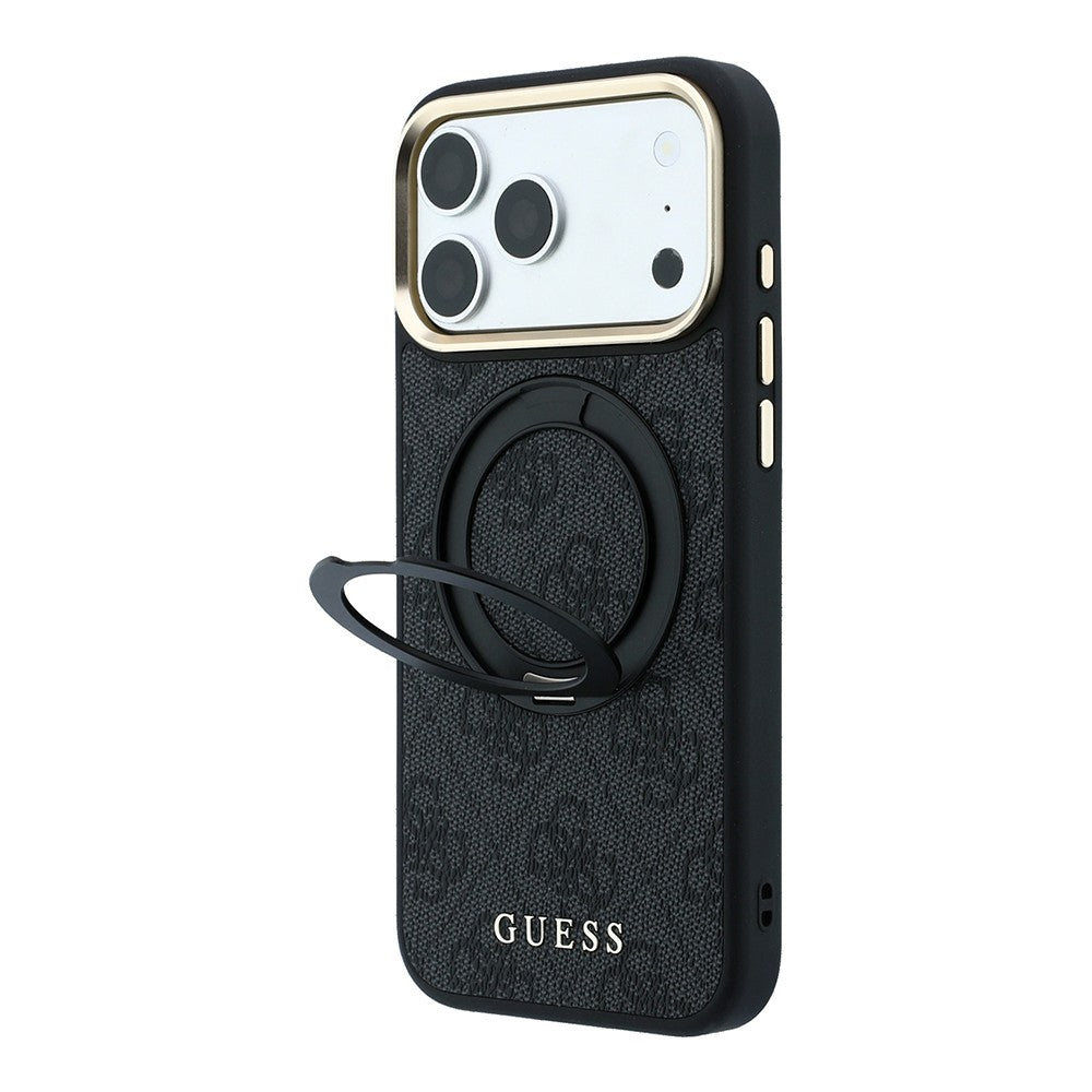 iPhone 18 Pro Kılıf Guess Orijinal Lisanslı M-safe Şarj Özellikli 4G Desenli 360 Derece Dönebilen Standlı Metal Yazı Logolu Kılıf