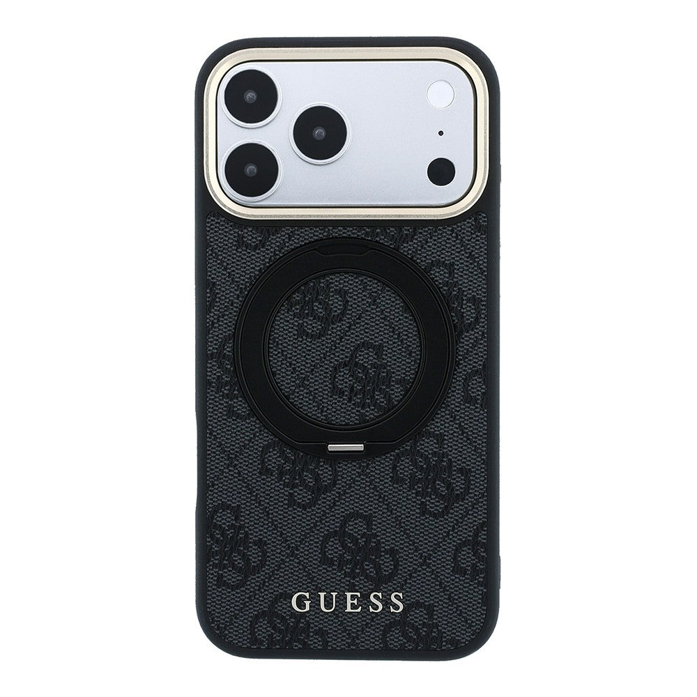 iPhone 18 Pro Kılıf Guess Orijinal Lisanslı M-safe Şarj Özellikli 4G Desenli 360 Derece Dönebilen Standlı Metal Yazı Logolu Kılıf