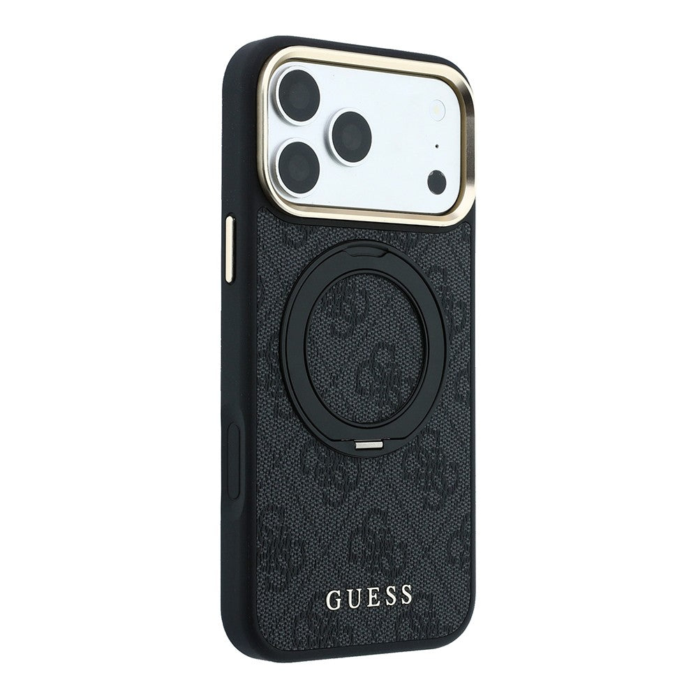 iPhone 18 Pro Kılıf Guess Orijinal Lisanslı M-safe Şarj Özellikli 4G Desenli 360 Derece Dönebilen Standlı Metal Yazı Logolu Kılıf