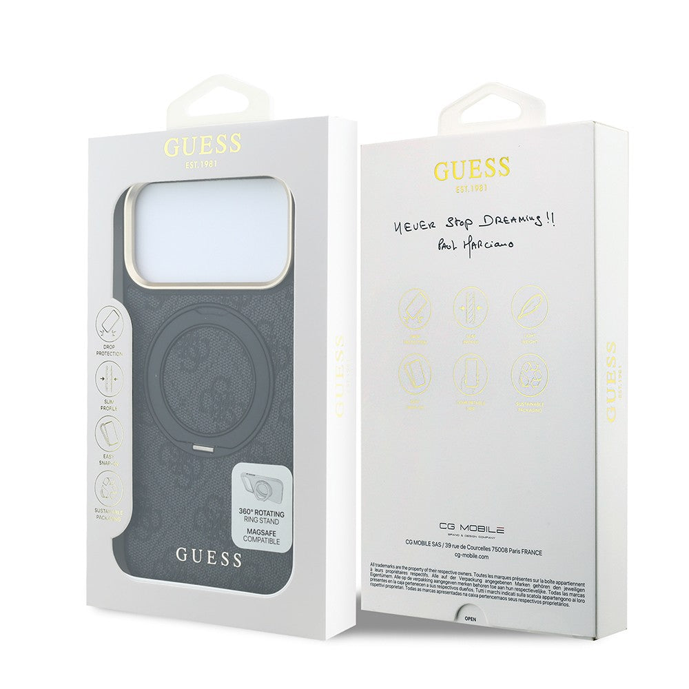 iPhone 18 Pro Kılıf Guess Orijinal Lisanslı M-safe Şarj Özellikli 4G Desenli 360 Derece Dönebilen Standlı Metal Yazı Logolu Kılıf