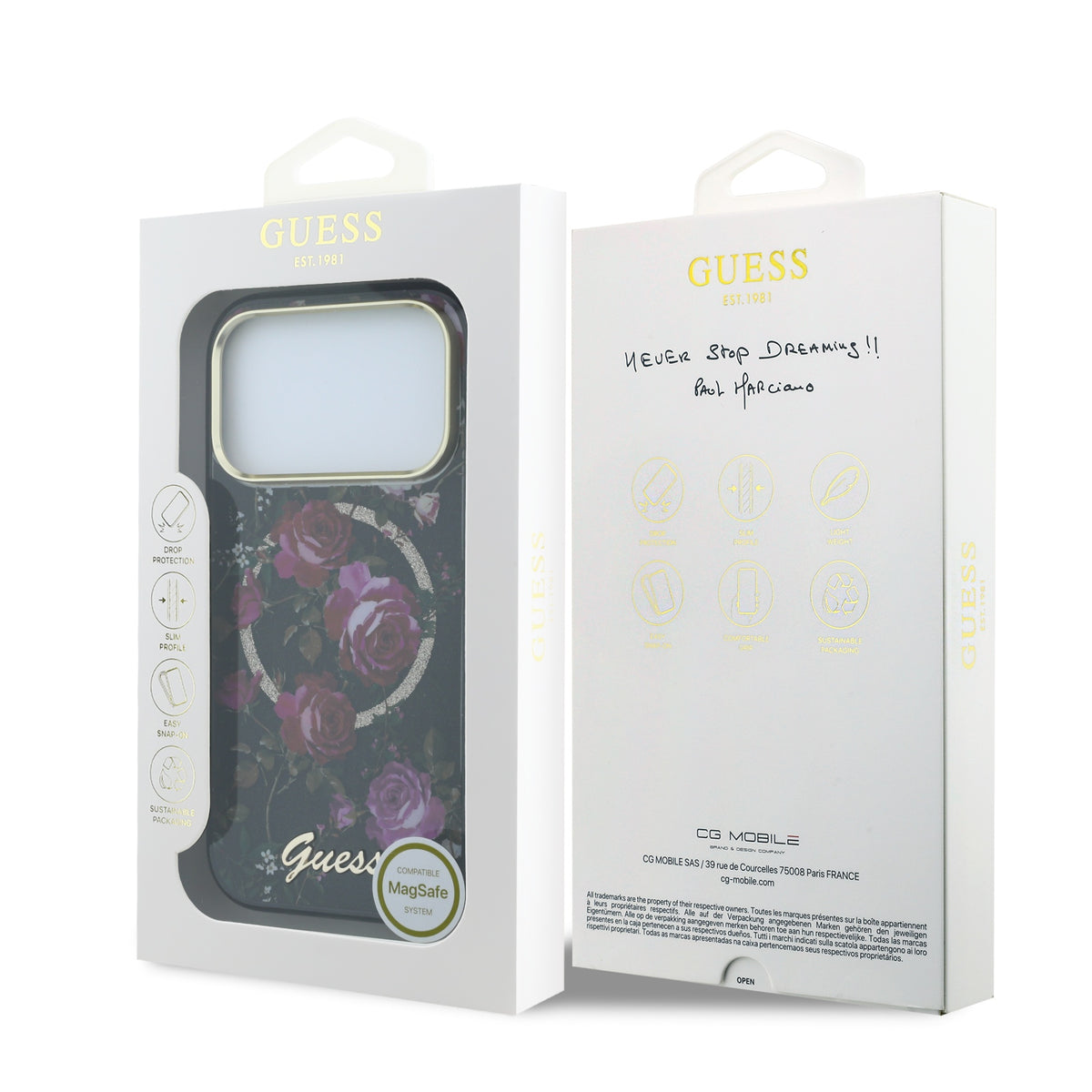 iPhone 18 Pro Kılıf Guess Orijinal Lisanslı M-safe Şarj Özellikli Gül Desenli Simli Yazı Logolu Kılıf
