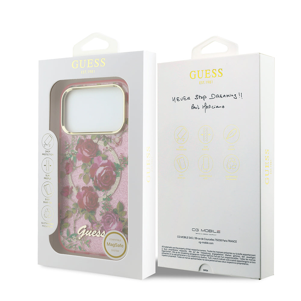 iPhone 18 Pro Kılıf Guess Orijinal Lisanslı M-safe Şarj Özellikli Gül Desenli Simli Yazı Logolu Kılıf