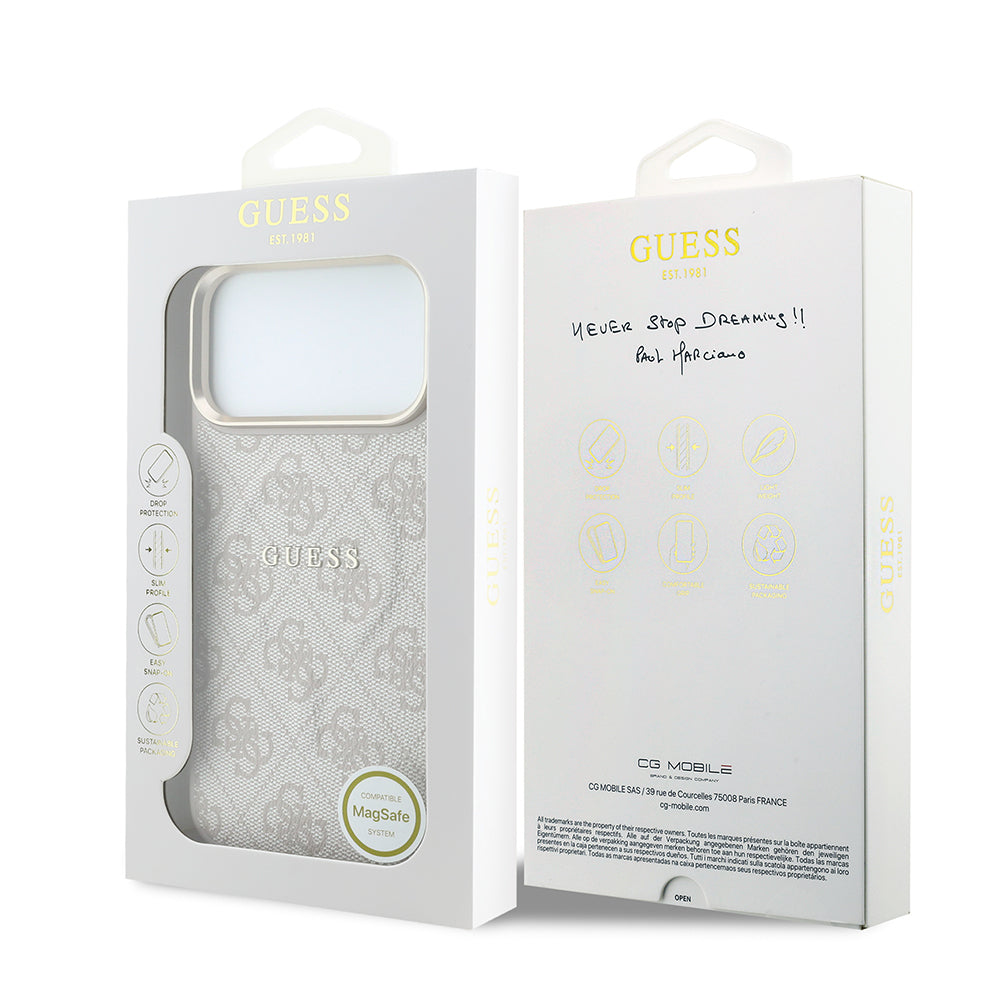 iPhone 18 Pro Kılıf Guess Orijinal Lisanslı M-safe Şarj Özellikli Metal Kamera Çerçeveli C-Magnet 4G Desenli Yazı Logolu Kılıf