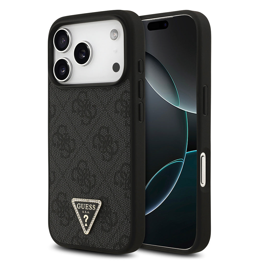 iPhone 18 Pro Kılıf Guess Orijinal Lisanslı M-safe Şarj Özellikli PU Deri Taşlı Üçgen Logo 4G Desenli Strass Kılıf