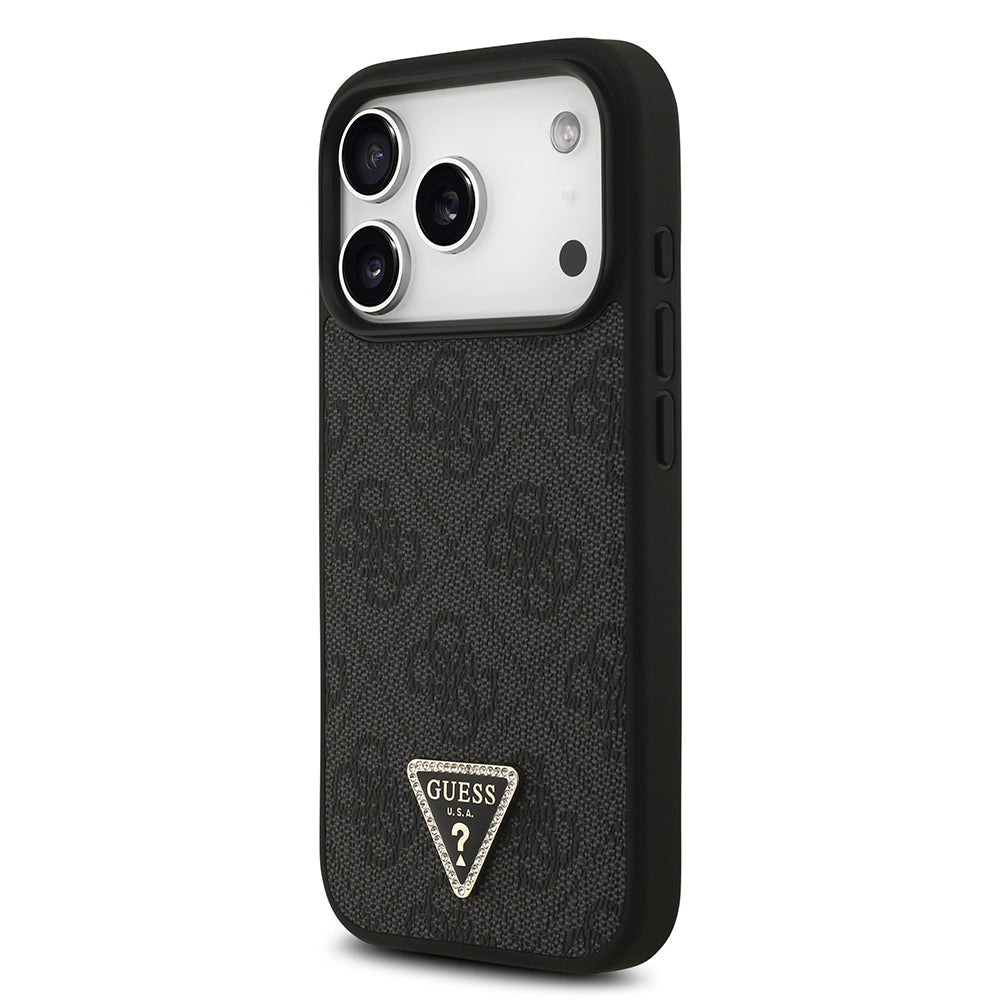 iPhone 18 Pro Kılıf Guess Orijinal Lisanslı M-safe Şarj Özellikli PU Deri Taşlı Üçgen Logo 4G Desenli Strass Kılıf