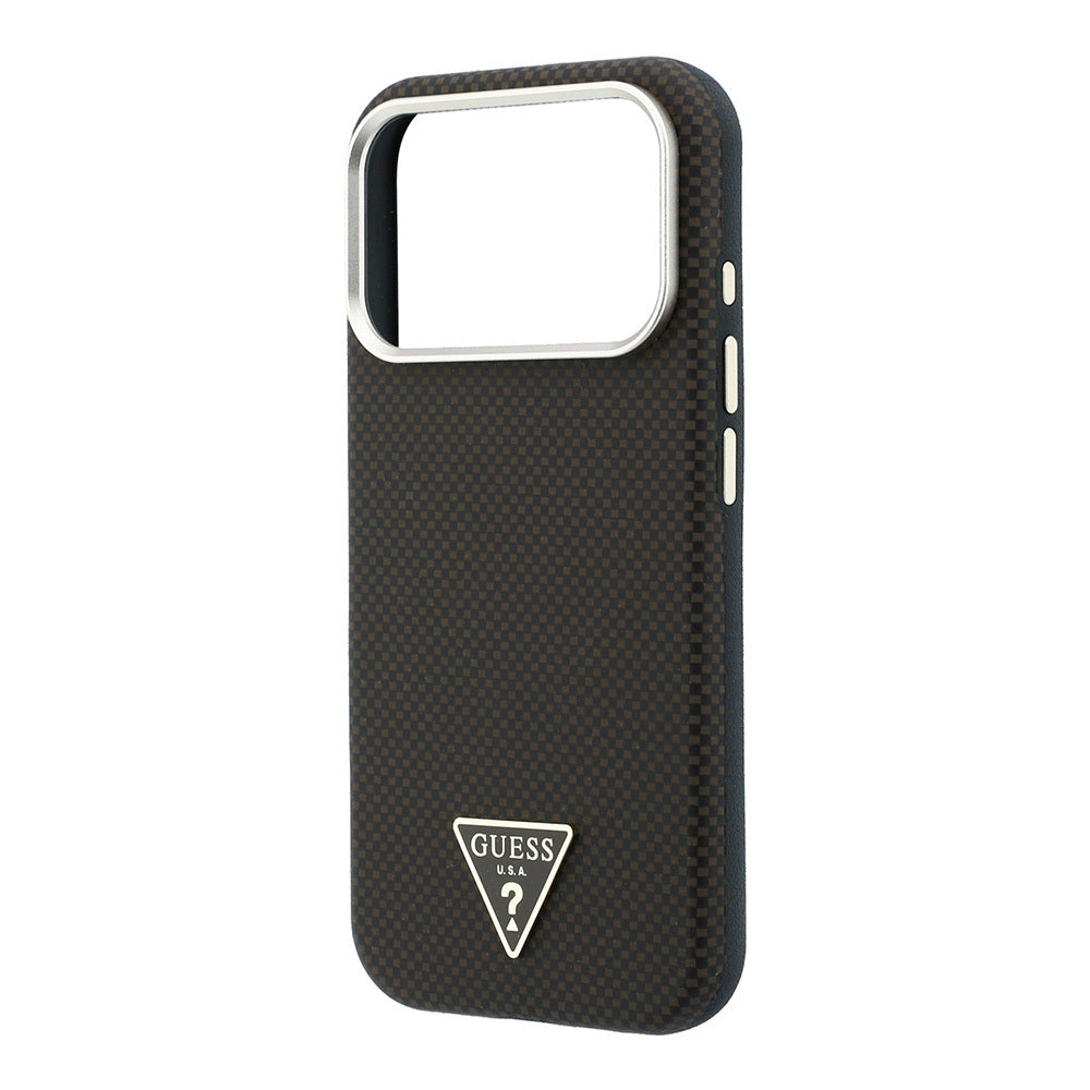 iPhone 18 Pro Kılıf Guess Orijinal Lisanslı M-safe Şarj Özellikli PU Metal Üçgen Logolu Karbon Fiber Kevlar Kılıf