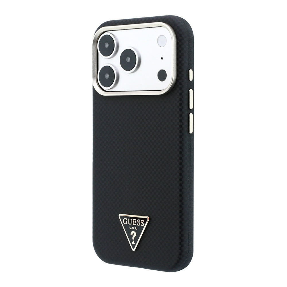 iPhone 18 Pro Kılıf Guess Orijinal Lisanslı M-safe Şarj Özellikli PU Metal Üçgen Logolu Karbon Fiber Kevlar Kılıf