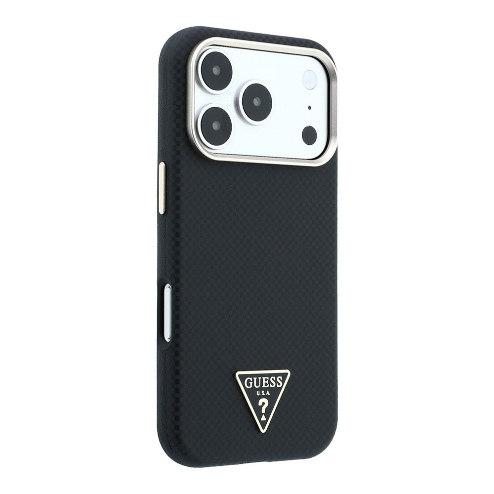 iPhone 18 Pro Kılıf Guess Orijinal Lisanslı M-safe Şarj Özellikli PU Metal Üçgen Logolu Karbon Fiber Kevlar Kılıf