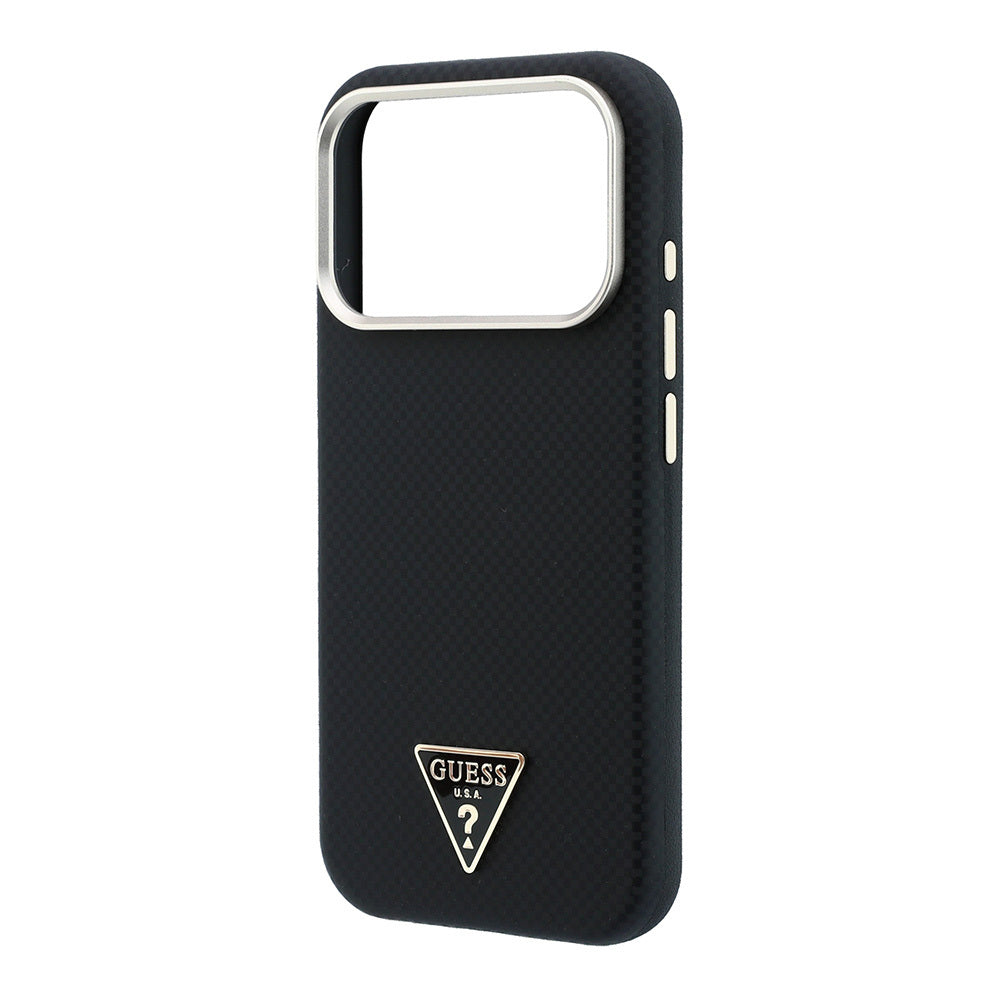 iPhone 18 Pro Kılıf Guess Orijinal Lisanslı M-safe Şarj Özellikli PU Metal Üçgen Logolu Karbon Fiber Kevlar Kılıf