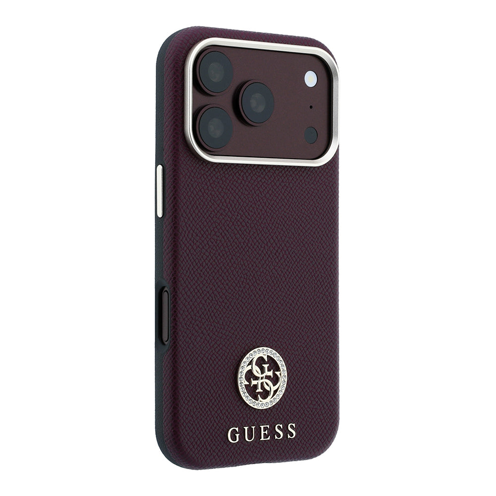 iPhone 18 Pro Kılıf Guess Orijinal Lisanslı M-safe Şarj Özellikli PU Taşlı Metal 4G ve Yazı Logolu Kılıf