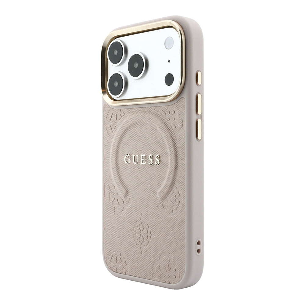 iPhone 18 Pro Kılıf Guess Orijinal Lisanslı M-safe Şarj Özellikli Sıcak Baskılı Yazı Logolu C-Magnet PU Deri Peony Kılıf
