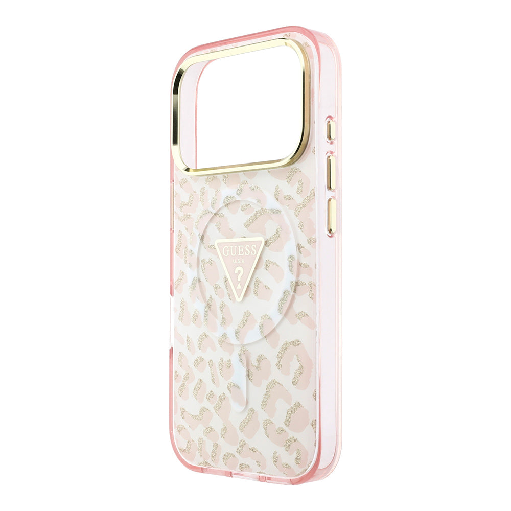 iPhone 18 Pro Kılıf Guess Orijinal Lisanslı M-safe Şarj Özellikli Üçgen Logolu Simli Leopar Desenli Kılıf