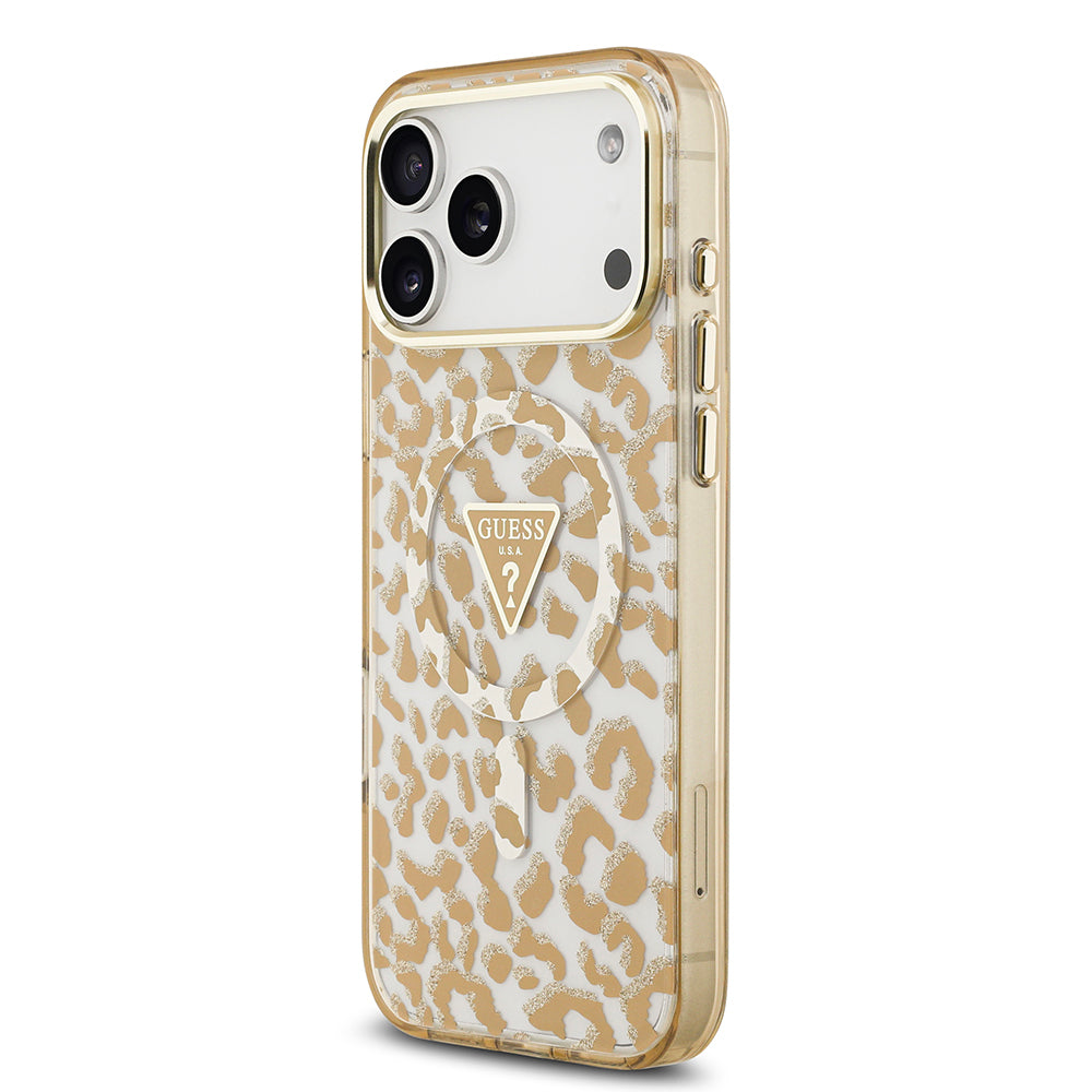 iPhone 18 Pro Kılıf Guess Orijinal Lisanslı M-safe Şarj Özellikli Üçgen Logolu Simli Leopar Desenli Kılıf