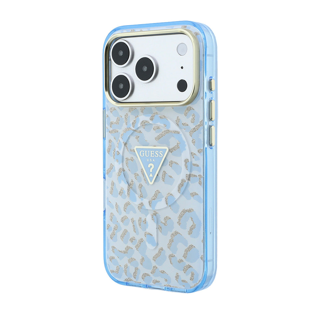 iPhone 18 Pro Kılıf Guess Orijinal Lisanslı M-safe Şarj Özellikli Üçgen Logolu Simli Leopar Desenli Kılıf