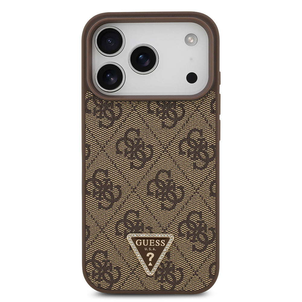 iPhone 18 Pro Kılıf Guess Orijinal Lisanslı M-safe Şarj Özllikli PU Deri Taşlı Üçgen Logo 4G Desenli Strass Kılıf