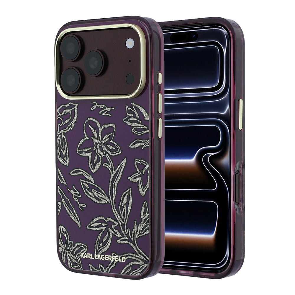 iPhone 18 Pro Kılıf Karl Lagerfeld Orijinal Lisanslı M-safe Şarj Özellikli Gold Metal Kamera Çerçeveli Çiçek Tasarımlı Kılıf