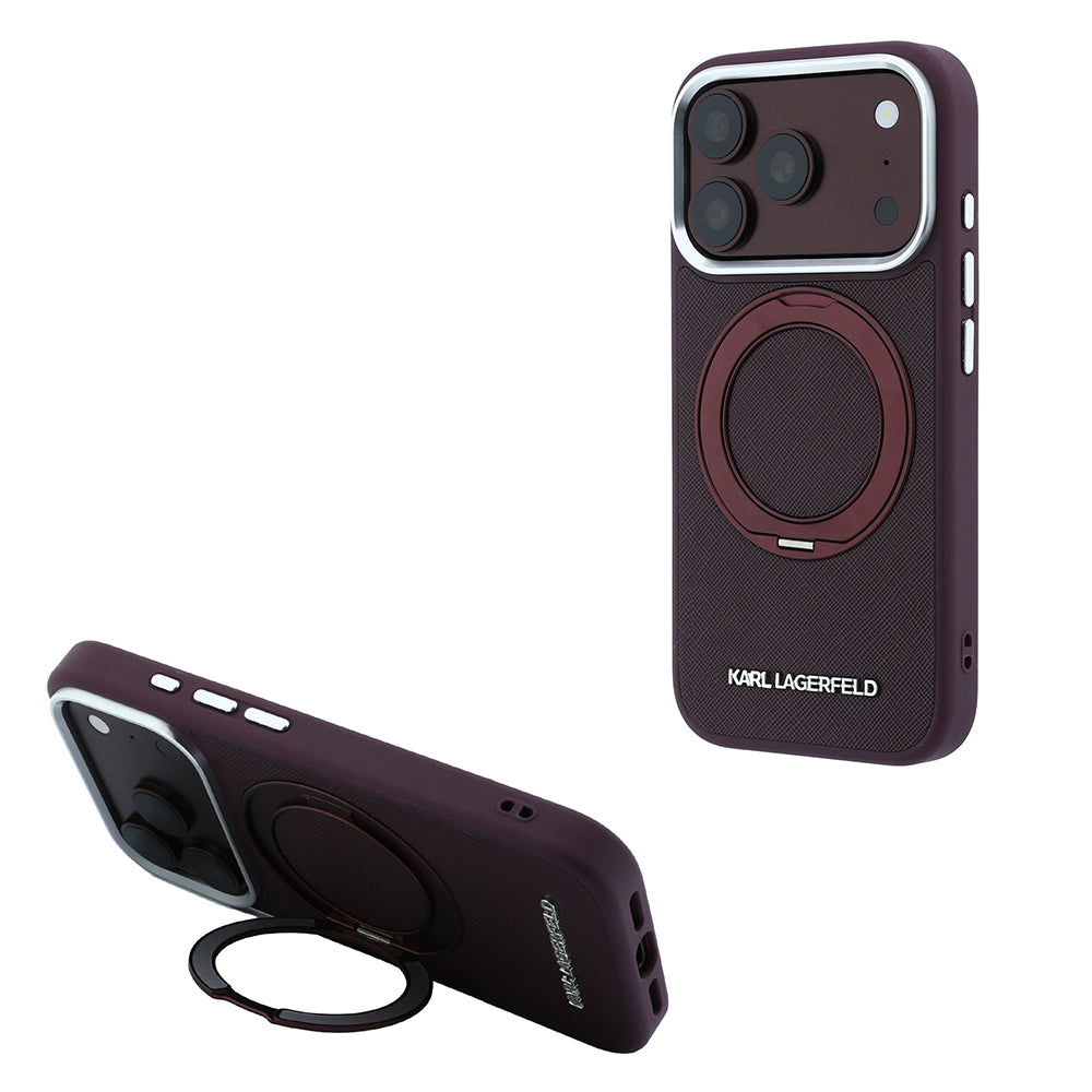 iPhone 18 Pro Kılıf Karl Lagerfeld Orijinal Lisanslı M-Safe Şarj Özellikli Metal Logolu PU Saffiano 360 Derece Dönebilen Standlı Kılıf