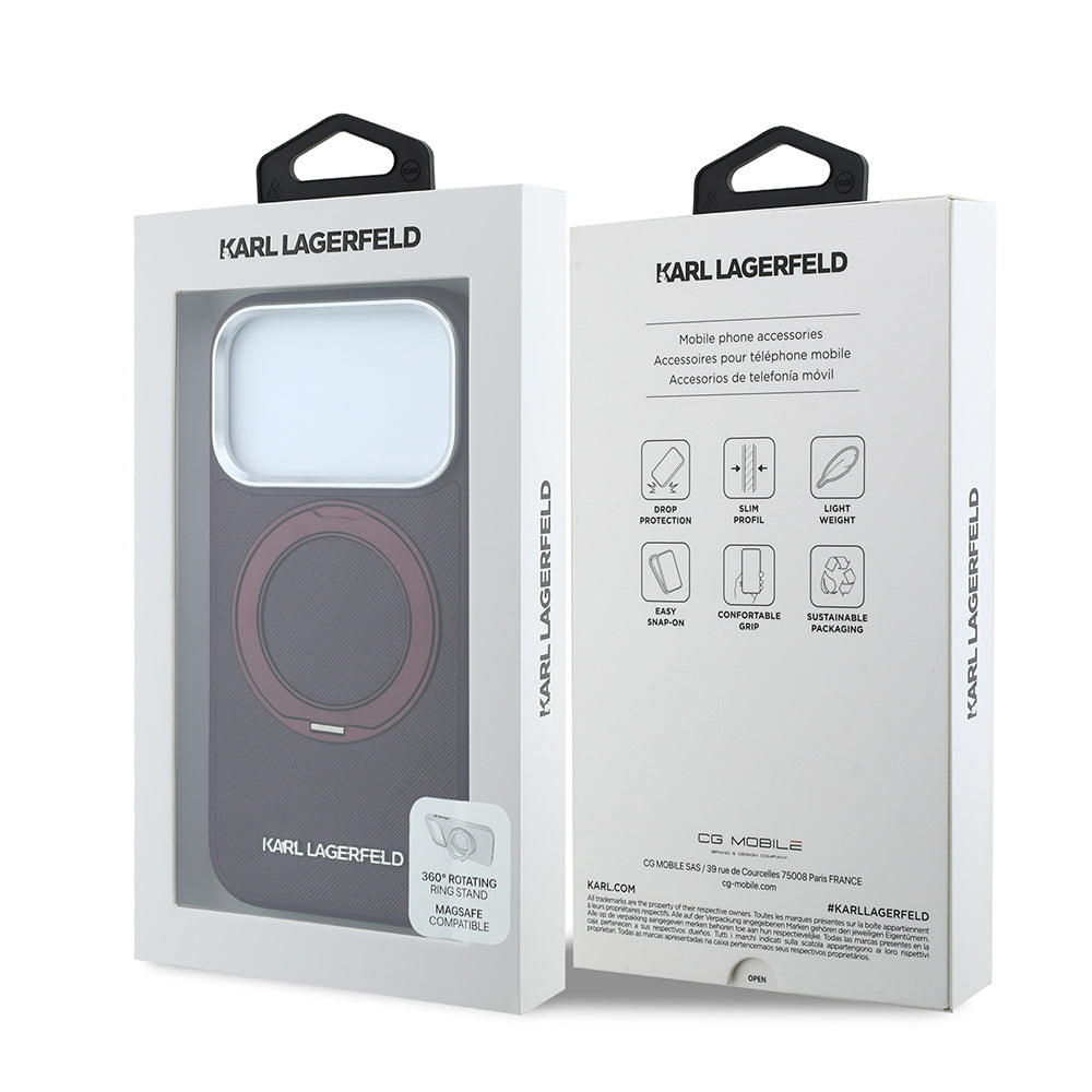 iPhone 18 Pro Kılıf Karl Lagerfeld Orijinal Lisanslı M-Safe Şarj Özellikli Metal Logolu PU Saffiano 360 Derece Dönebilen Standlı Kılıf
