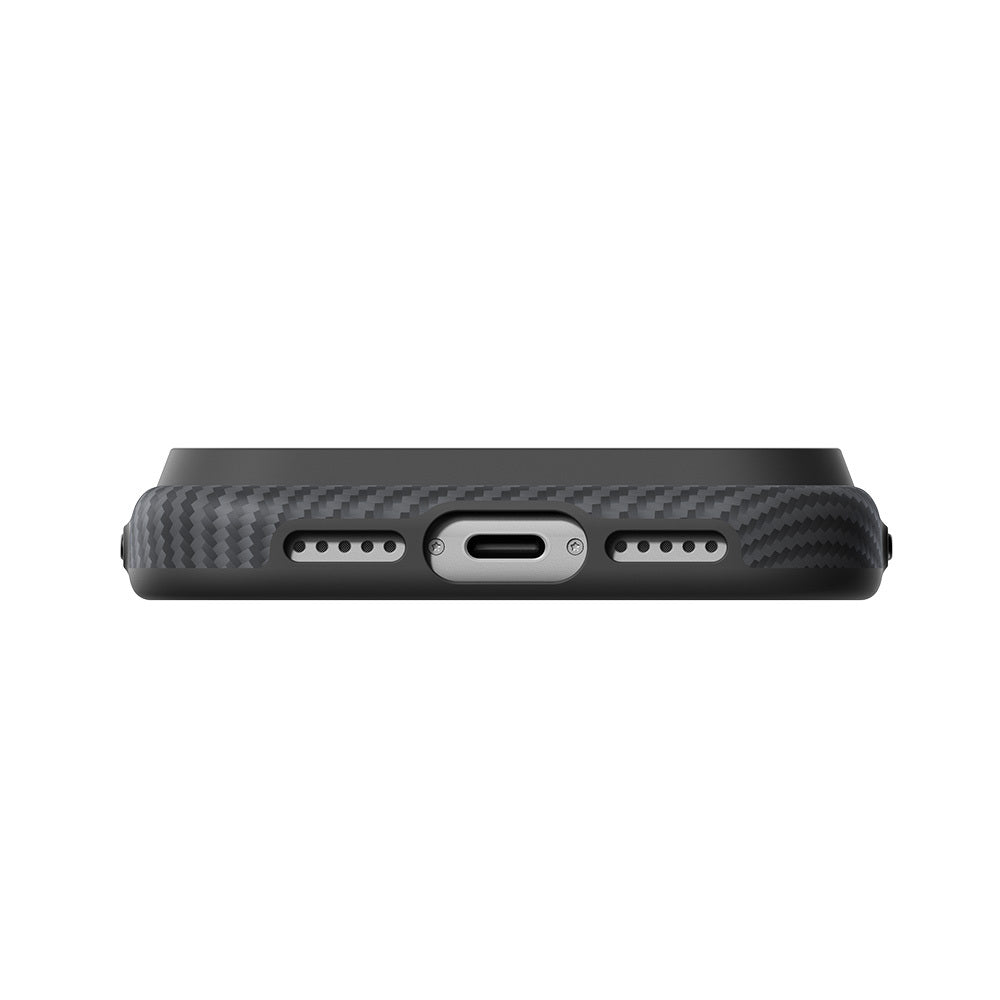 iPhone 18 Pro Kılıf M-safe Şarj Özellikli Aramid Karbon Fiber Pitaka Military-Grade Classic Serisi New Logo Black-Grey Twill Kılıf