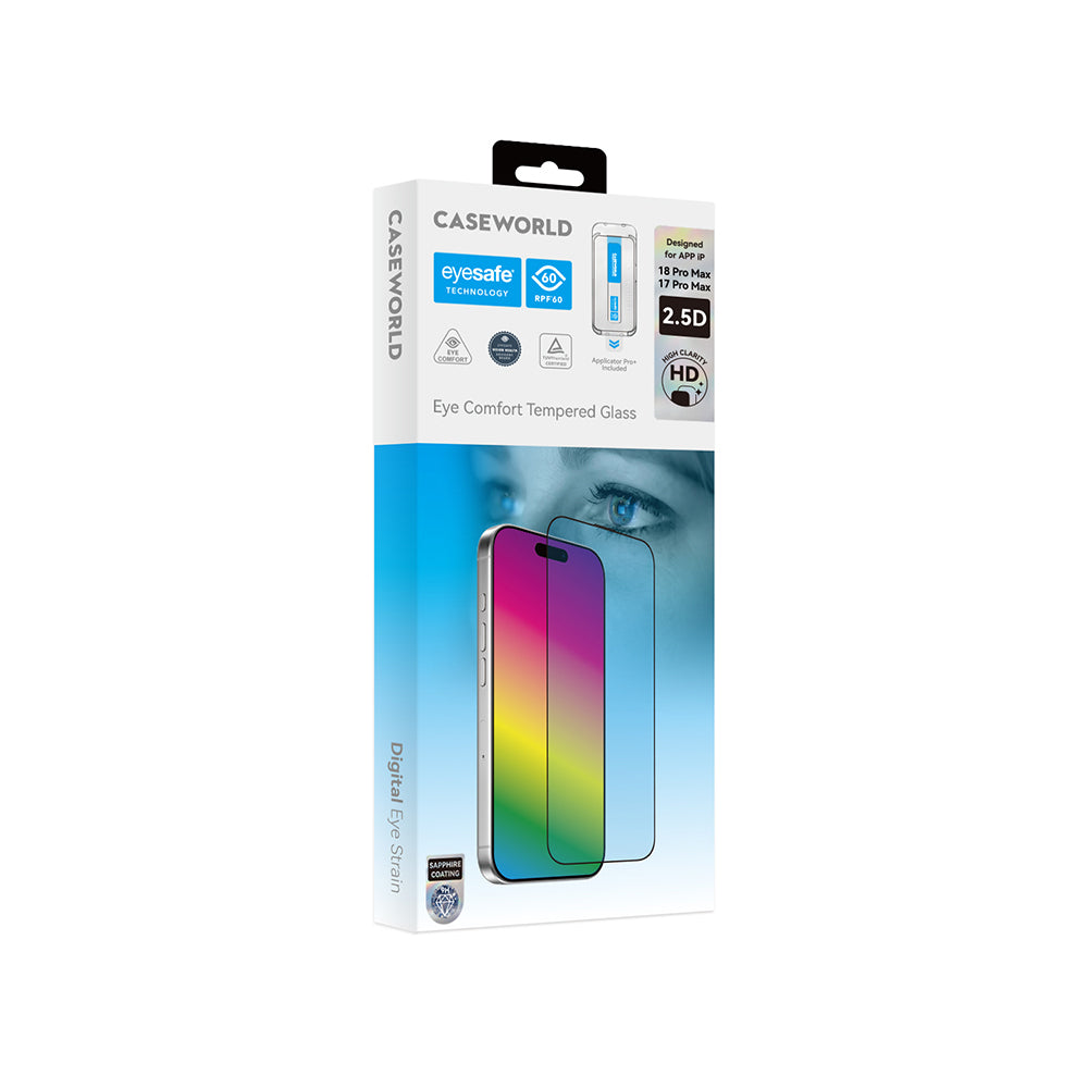iPhone 18 Pro Max CaseWorld Applicator Serisi 2.5D Eyesafe Mavi Işık Teknolojili Safir 0.33mm Temperli Cam Ekran Koruyucu + Uygulama Aparatı