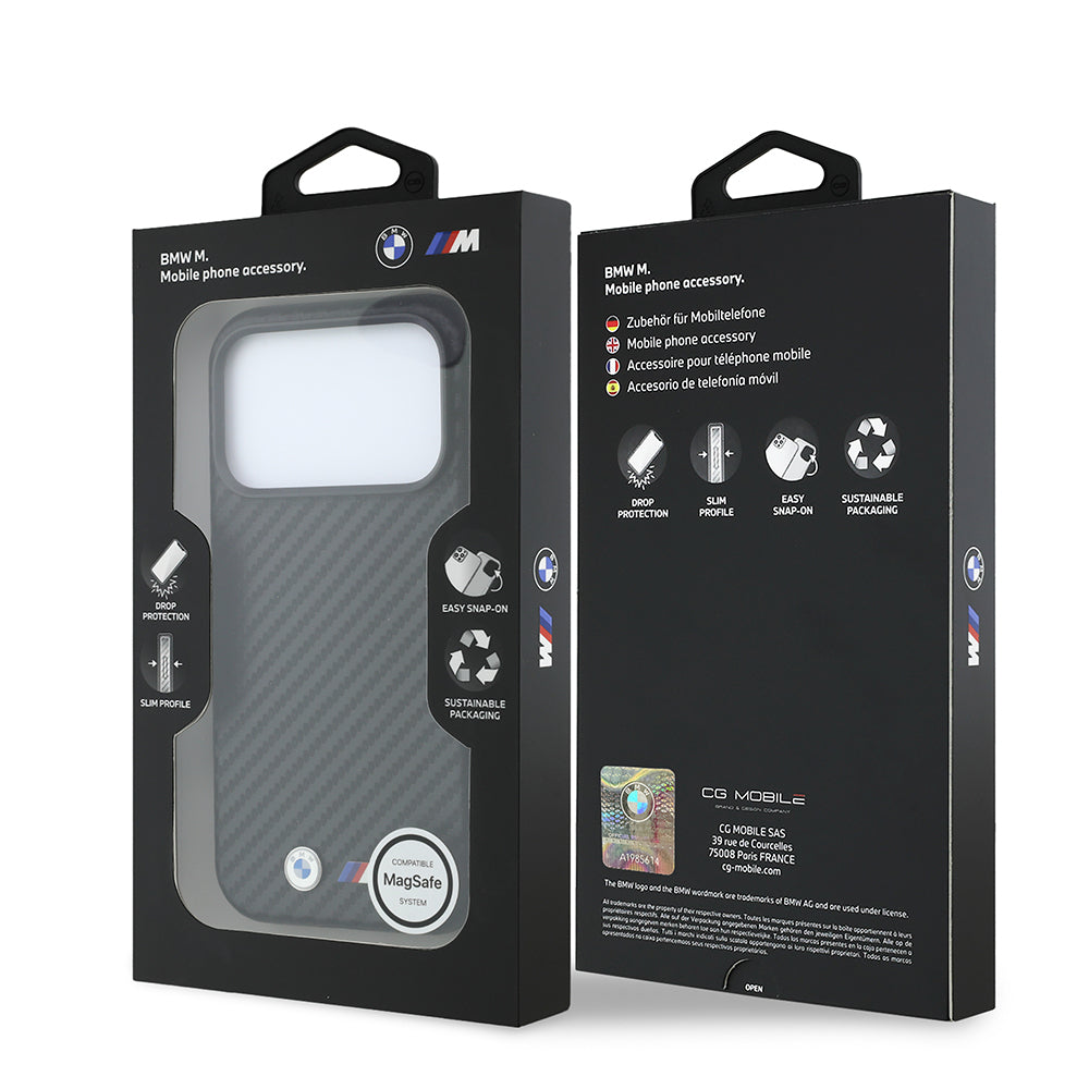 iPhone 18 Pro Max Kılıf BMW Orijinal Lisanslı M-safe Şarj Özellikli Karbon Fiber Tasarımlı ve Metal Logolu PU Deri Kılıf