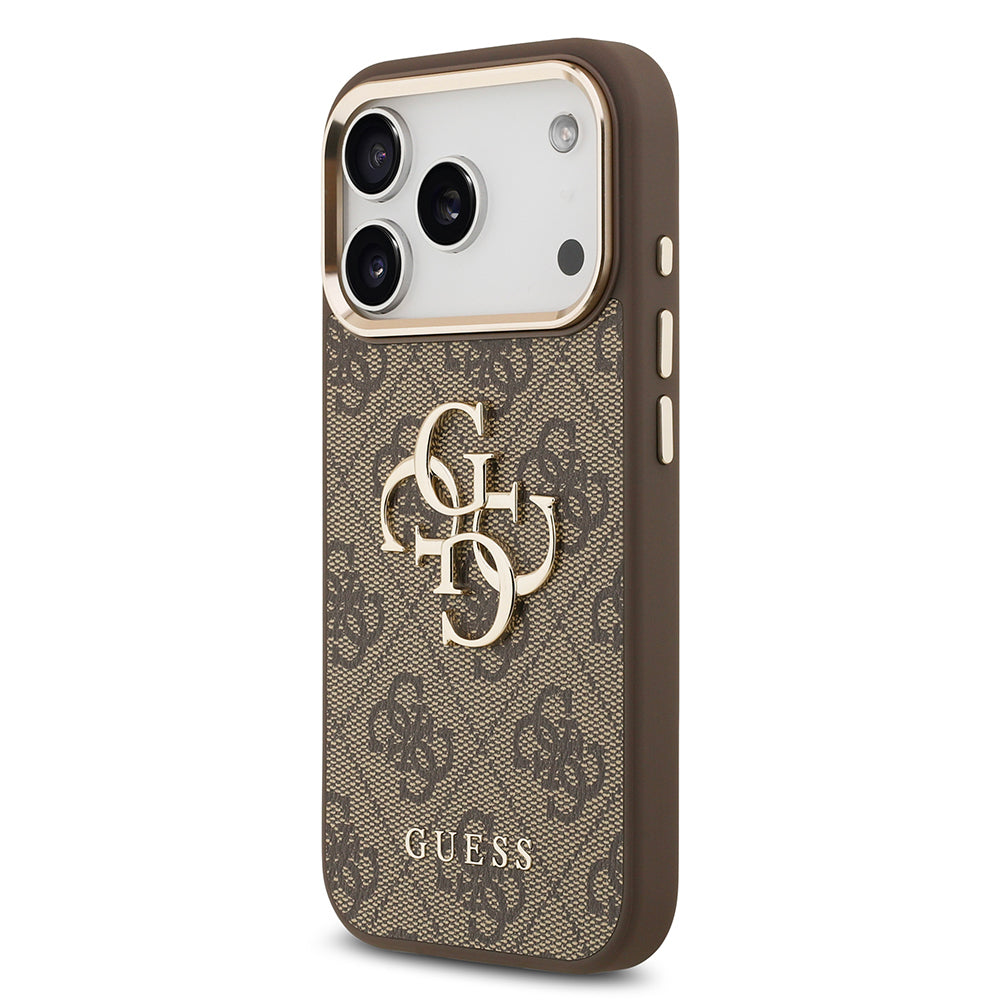 iPhone 18 Pro Max Kılıf Guess Orijinal Lisanslı Gold Metal Kamera Çerçeveli 4G Desenli Metal Büyük 4G ve Yazı Logolu Kılıf