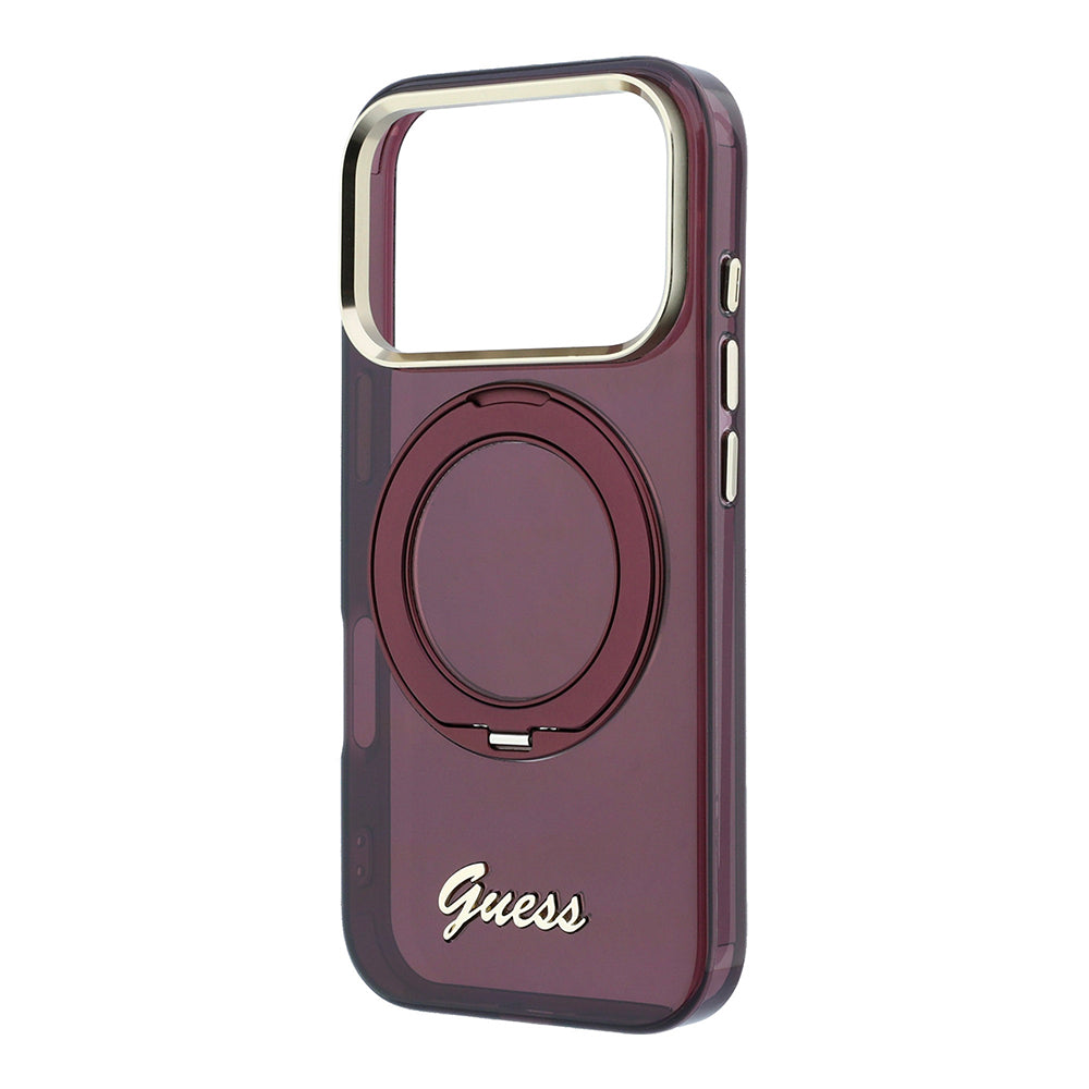 iPhone 18 Pro Max Kılıf Guess Orijinal Lisanslı M-safe Şarj Özellikli 360 Derece Dönebilen Standlı Metal Yazı Logolu Silikon Kılıf
