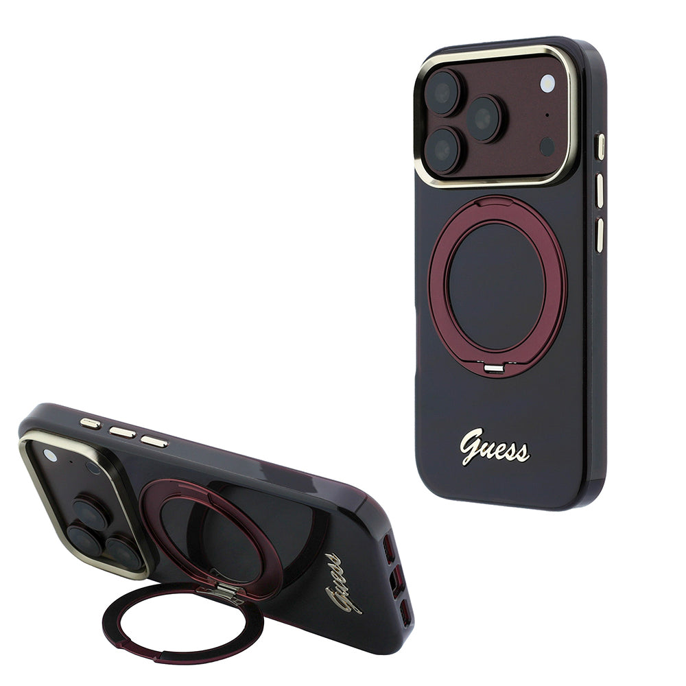 iPhone 18 Pro Max Kılıf Guess Orijinal Lisanslı M-safe Şarj Özellikli 360 Derece Dönebilen Standlı Metal Yazı Logolu Silikon Kılıf