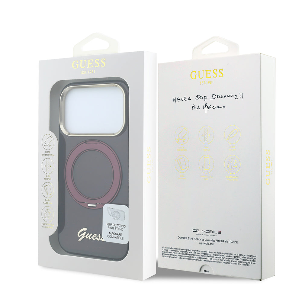 iPhone 18 Pro Max Kılıf Guess Orijinal Lisanslı M-safe Şarj Özellikli 360 Derece Dönebilen Standlı Metal Yazı Logolu Silikon Kılıf
