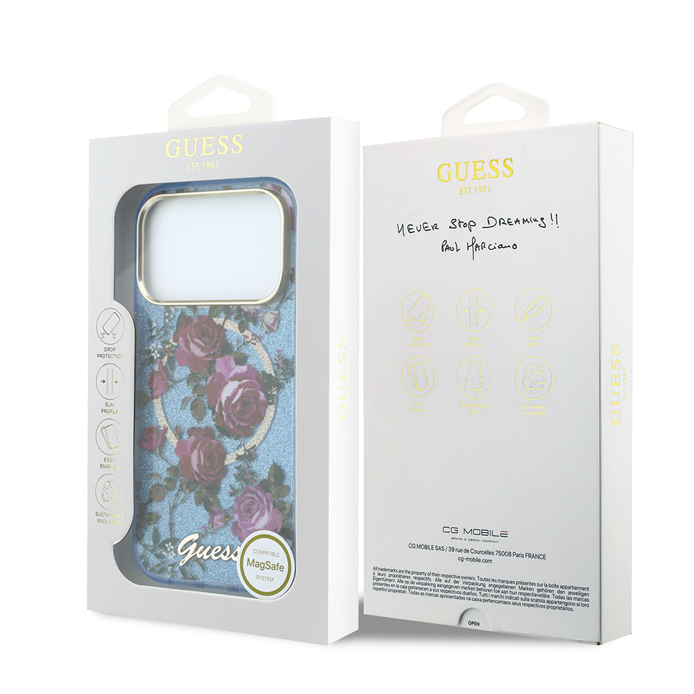 iPhone 18 Pro Max Kılıf Guess Orijinal Lisanslı M-safe Şarj Özellikli Gül Desenli Simli Yazı Logolu Kılıf