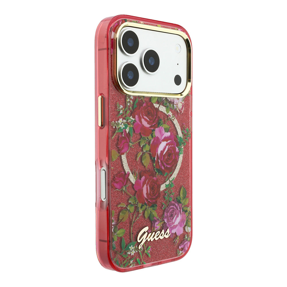 iPhone 18 Pro Max Kılıf Guess Orijinal Lisanslı M-safe Şarj Özellikli Gül Desenli Simli Yazı Logolu Kılıf